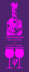 Red wine and tasting card, bottle with two glass and grape sign over purple background. Digital vector image.