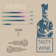 Tasty wine and food restaurant info graphic with components, bottle, spoon, knife and fork signs in outlines over light brown background. Digital vector image.