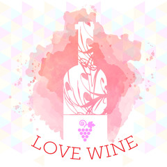 Wine tasting and love card, white bottle and grape sign over red background with water color. Digital vector image.