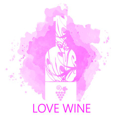 Wine tasting and love card, white bottle over purple background with water color. Digital vector image.