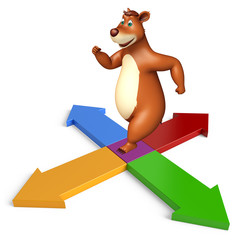 Bear cartoon character with arrow sign