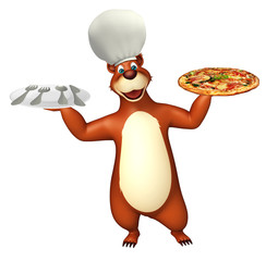 Bear cartoon character  with dinner plate and pizza