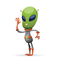 Vector cartoon image of funny green alien with big eyes and a small antennas on his head in gray-orange spacesuit, standing and waving his right hand on a white background. Vector illustration.