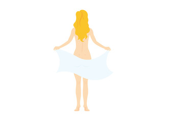 Woman with towel vector. White background a woman from behind. Woman back. Woman with towel. Naked woman