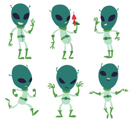 Vector cartoon image of a set of funny green aliens. Green aliens in gray-green spacesuits, in different poses on a white background. Made in a flat style. Vector illustration.