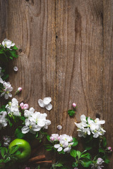 Wooden background with apple blossom flowers. 
Apple blossoms and green apple on rustic wooden background. Copy space for text. Post card, gift card or wedding card template. Design background