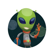 Vector image of a dark space round frame with planets, with cartoon image of funny green alien in gray-orange spacesuit waving his left hand in the center on a white background. Vector illustration.