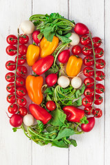 fresh vegetables on white wooden background, flat lay, top view