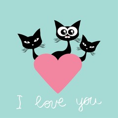 Valentines day card cat and bird vector illustration