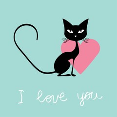 Valentines day card cat and bird vector illustration