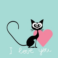Valentines day card cat and bird vector illustration