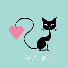 Valentines day card cat and bird vector illustration