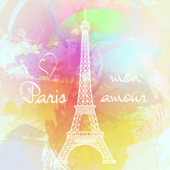 Fototapeta na wymiar Paris, my love. Eiffel Tower on watercolor background. Vector