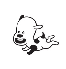 Vector cartoon image of a funny little dog black-white colors running happily on a white background. Made in monochrome style. Positive character. Vector illustration.