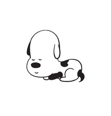 Vector cartoon image of a funny little dog black-white colors lying and sleeping on a white background. Made in monochrome style. Positive character. Vector illustration.