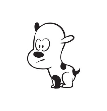 Vector cartoon image of a funny little dog black-white colors standing tensely on a white background. Made in monochrome style. Positive character. Vector illustration.