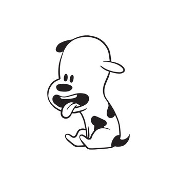Vector cartoon image of a funny little dog black-white colors sitting with his tongue out on a white background. Made in monochrome style. Positive character. Vector illustration.
