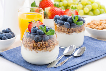 delicious dessert with cream, fresh berries and granola