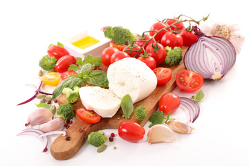 raw vegetable and mozzarella isolated on white