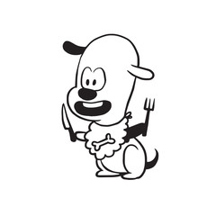 Vector cartoon image of a funny little dog black-white colors with knife and fork in his paws on a white background. Made in monochrome style. Positive character. Vector illustration.