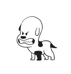 Vector cartoon image of a funny little angry dog black-white colors baring his fangs on a white background. Made in monochrome style. Positive character. Vector illustration.