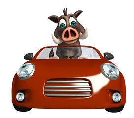 fun Boar cartoon character with car