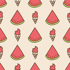 Seamless summer background. Hand drawn pattern. Suitable for fabric, greeting card, advertisement, wrapping. Bright and colorful slices of watermelon and watermelon ice cream cone. Summer pattern