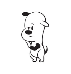 Vector cartoon image of a funny little pensive dog black-white colors standing on his hind legs on a white background. Made in monochrome style. Positive character. Vector illustration.