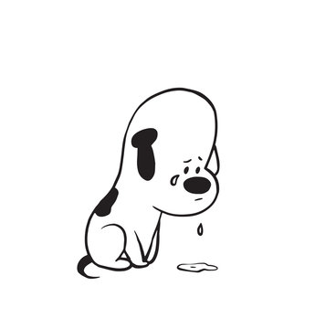 Vector cartoon image of a funny little dog black-white colors sitting and crying on a white background. Made in monochrome style. Positive character. Vector illustration.