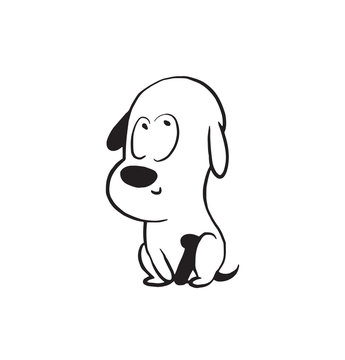 Vector cartoon image of a funny little dog black-white colors showing that he is good on a white background. Made in monochrome style. Positive character. Vector illustration.