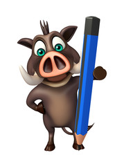 cute Boar cartoon character  with pencil
