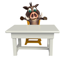 Fototapeta premium fun Boar cartoon character with table and chair
