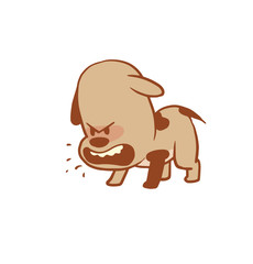 Vector cartoon image of a funny little angry dog light brown color barking on a white background. Color image with a brown tracings. Puppy. Positive character. Vector illustration.