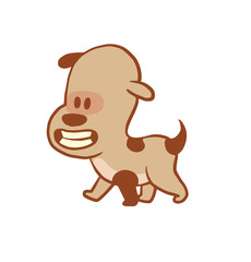 Vector cartoon image of a funny little dog light brown color walking and smiling on a white background. Color image with a brown tracings. Puppy. Positive character. Vector illustration.