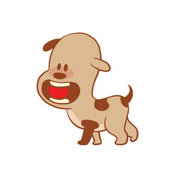 Vector cartoon image of a funny little dog light brown color with a red ball in his mouth on a white background. Color image with a brown tracings. Puppy. Positive character. Vector illustration.