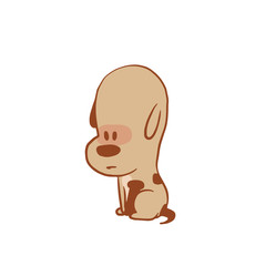 Vector cartoon image of a funny little dog light brown color sitting sadly on a white background. Color image with a brown tracings. Puppy. Positive character. Vector illustration.