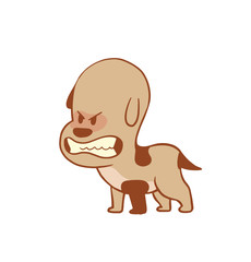 Vector cartoon image of a funny little angry dog light brown color baring his fangs on a white background. Color image with a brown tracings. Puppy. Positive character. Vector illustration.