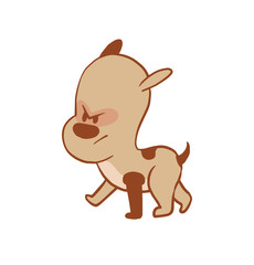 Vector cartoon image of a funny little angry dog light brown color walking somewhere on a white background. Color image with a brown tracings. Puppy. Positive character. Vector illustration.