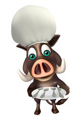 Boar cartoon character with spoons and dinner plate