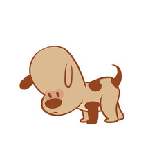 Vector cartoon image of a funny little dog light brown color looking for something on a white background. Color image with a brown tracings. Puppy. Positive character. Vector illustration.