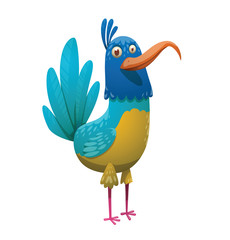 Cartoon image of a funny fantasy beautiful tropical bird with bright blue-yellow feathers, big blue tail and big hooked orange beak standing on a white background. Vector illustration. Tropical bird.