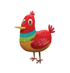 Cartoon image of a funny fantasy small beautiful tropical bird with bright red-rainbow feathers, small tail and small yellow beak standing on a white background. Vector illustration. Tropical bird.