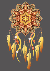 Hand-drawn mandala with dreamcatcher with feathers in yellow and brown colors. Ethnic illustration, tribal