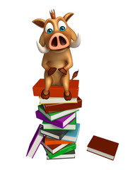 cute  Boar cartoon character with book stack