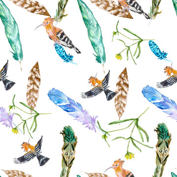 Patterns with birds and feathers. Drawing of birds and feathers watercolor