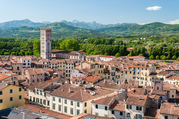 Obraz premium Aerial view of Lucca, in Tuscany, during a sunny afternoon