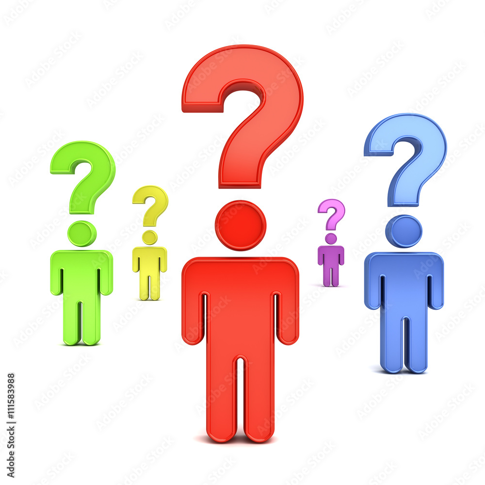 Leinwandbilder 3d men symbol thinking with question marks above their heads isolated over white background with shadow.Too many problems concept. 3D rendering.