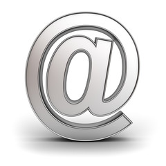 Metal email at sign isolated over white background with reflection and shadow 3D rendering