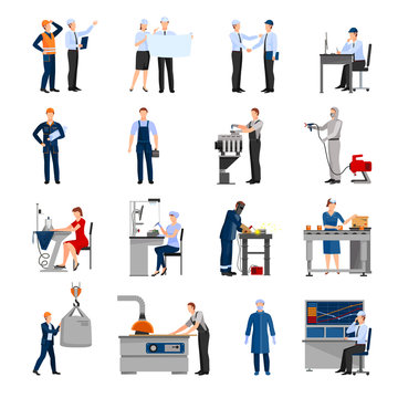 Factory Workers People Icons Set