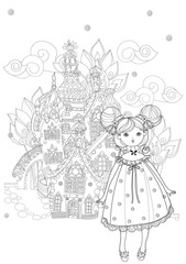 Cute girl in fairy cartoon town doodle
